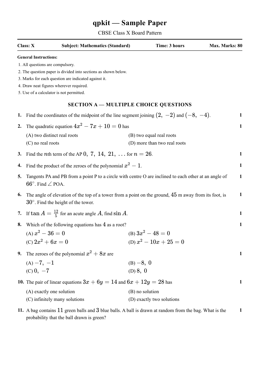 First page of a generated Class 10 Mathematics question paper